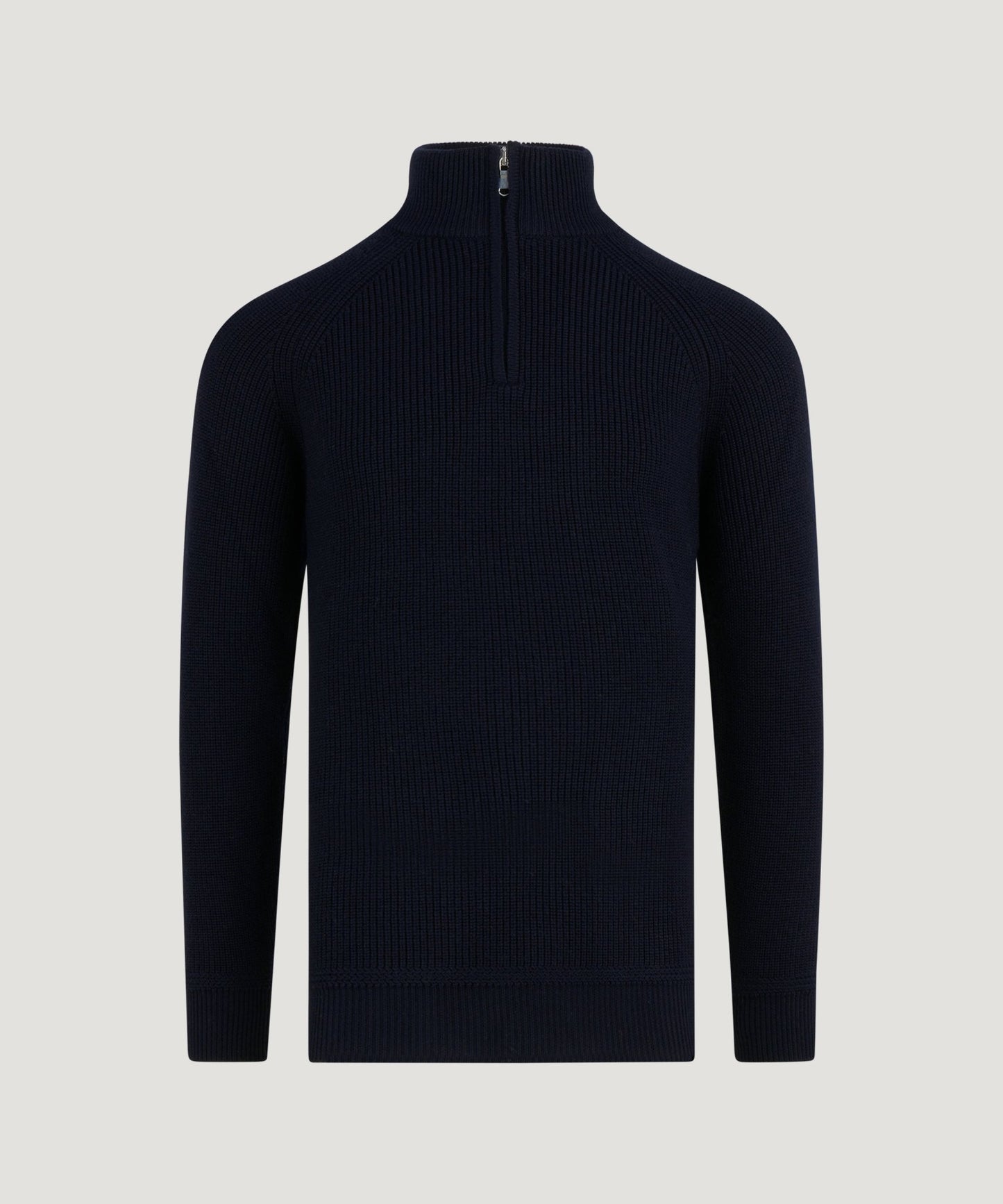 SOCI3TY Grofgebreide trui half - zip merinowol donkerblauw - The Society Shop