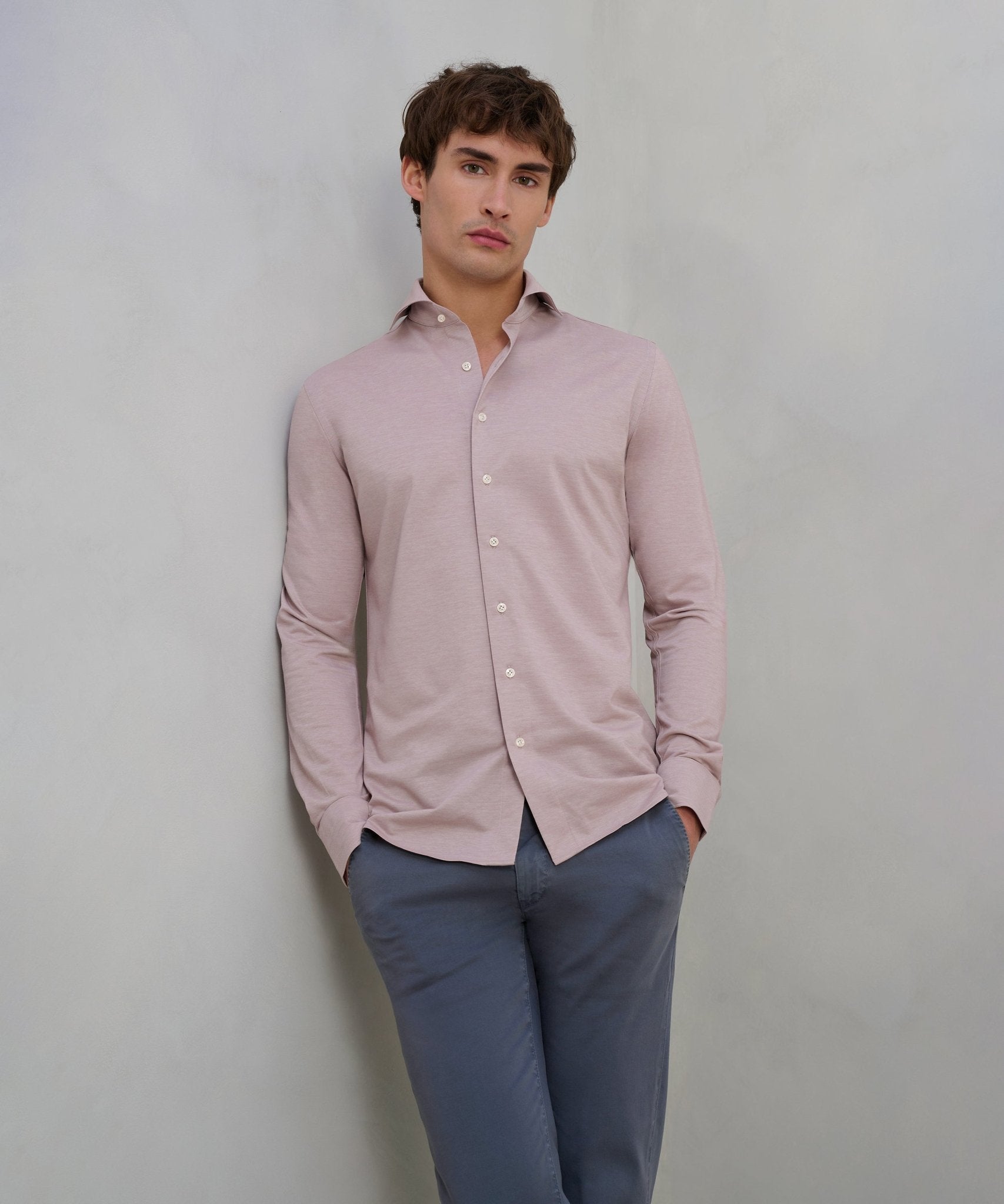 Profuomo Japanese knitted overhemd katoenmix roze - The Society Shop