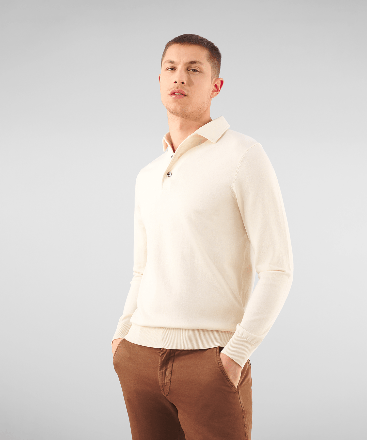 Profuomo Lange mouw polo tencell blend off - white - The Society Shop
