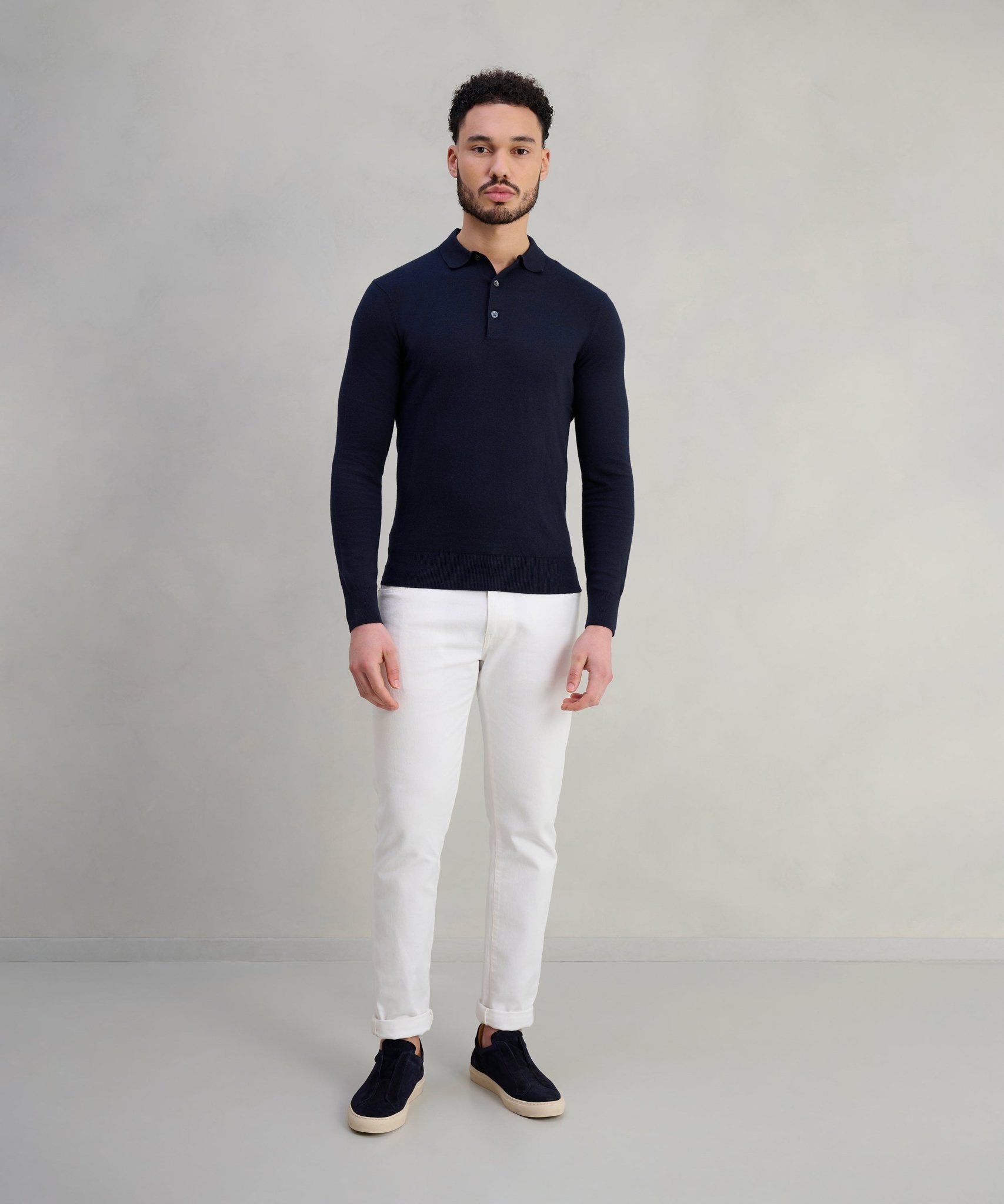 SOCI3TY Long sleeve polo katoen/kasjmier neat navy - The Society Shop