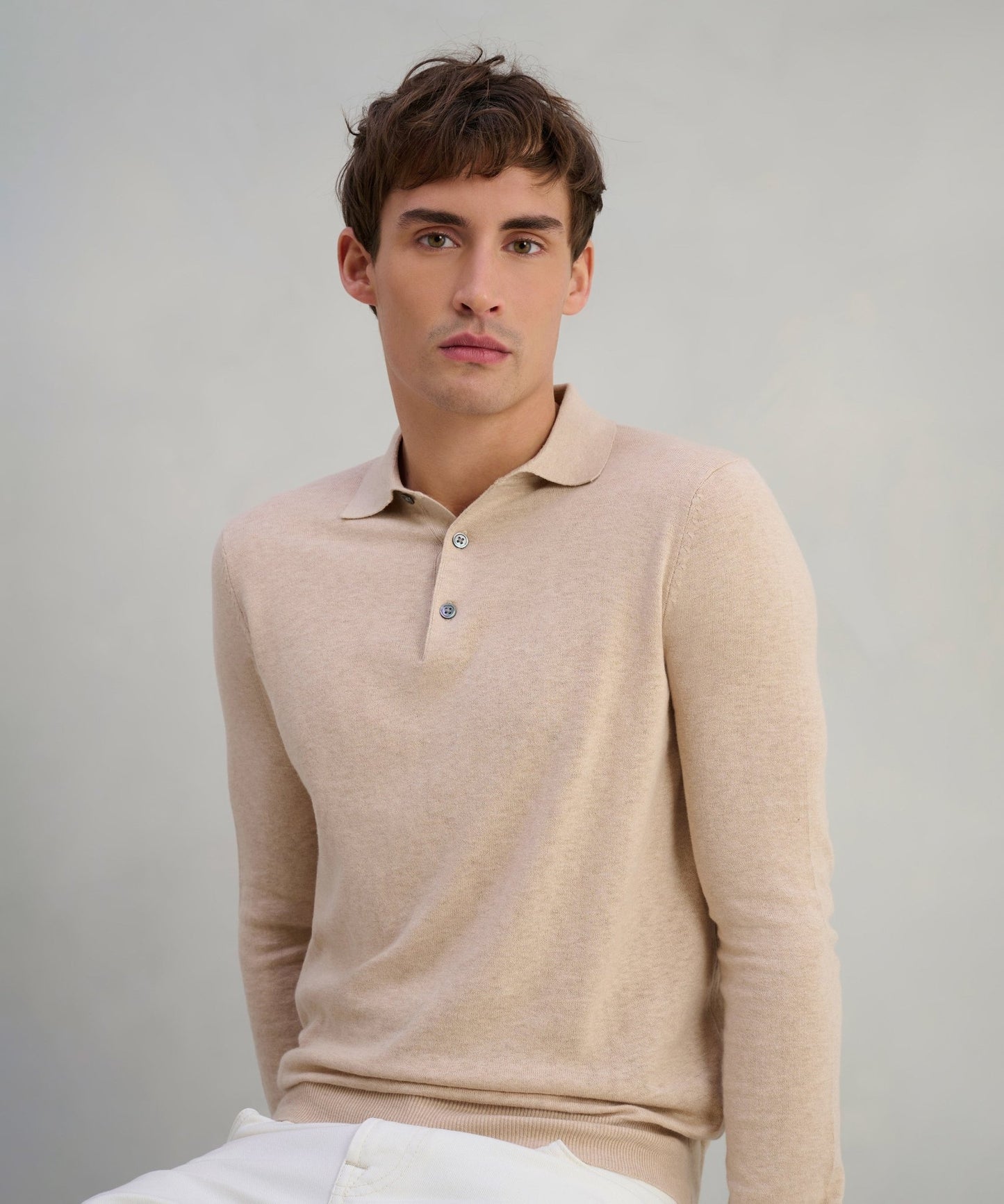 SOCI3TY Long sleeve polo katoen/kasjmier sable beige - The Society Shop