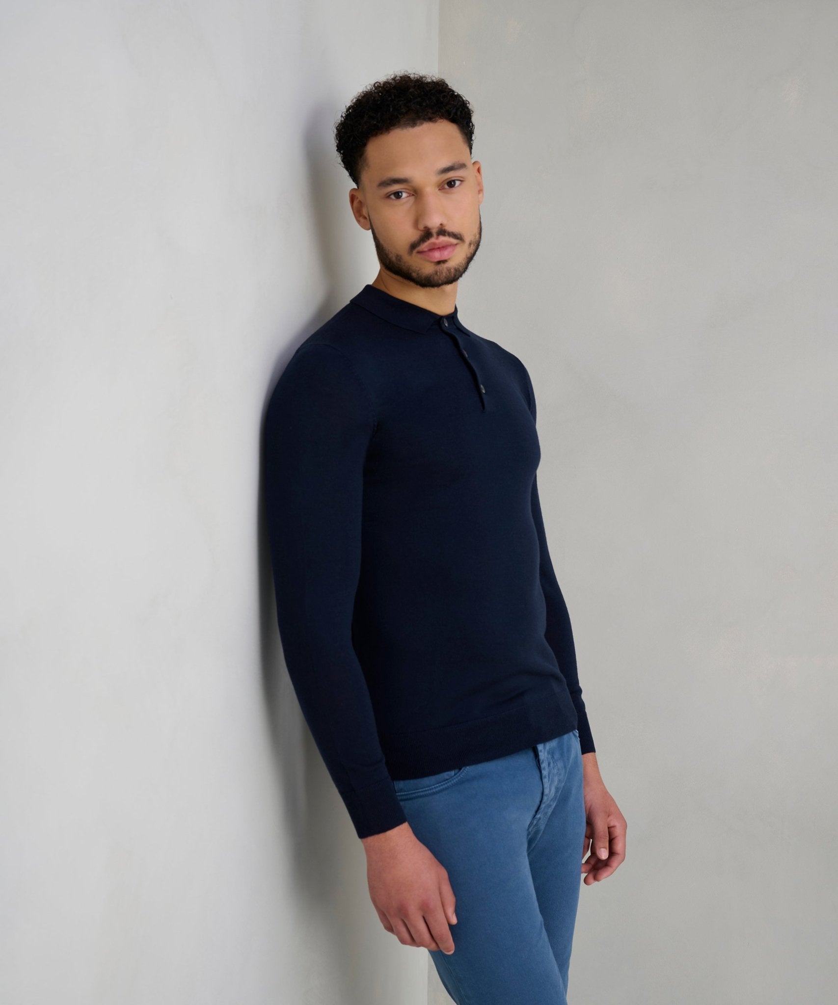 Profuomo Long sleeve polo merinowol donkerblauw - The Society Shop