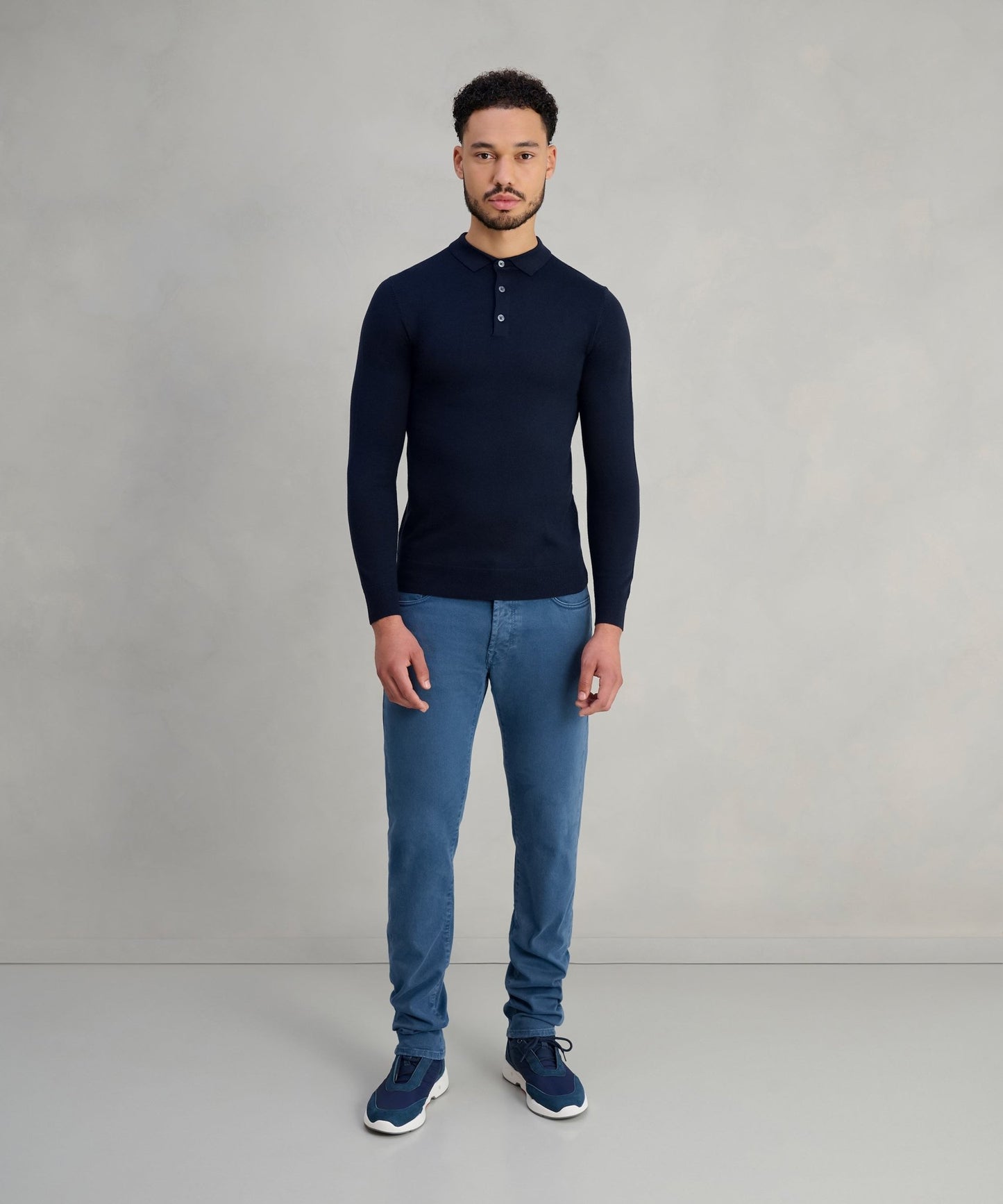 Profuomo Long sleeve polo merinowol donkerblauw - The Society Shop