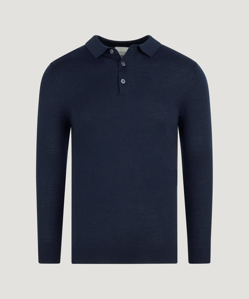 Long sleeve polo merinowol donkerblauw