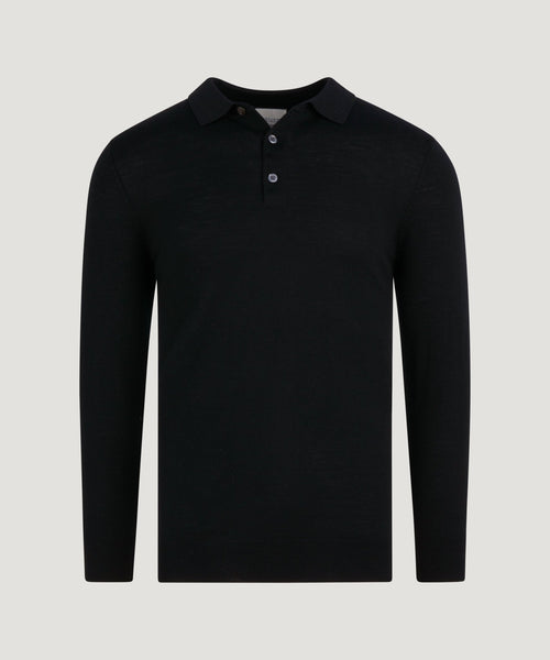 Long sleeve polo merinowol zwart