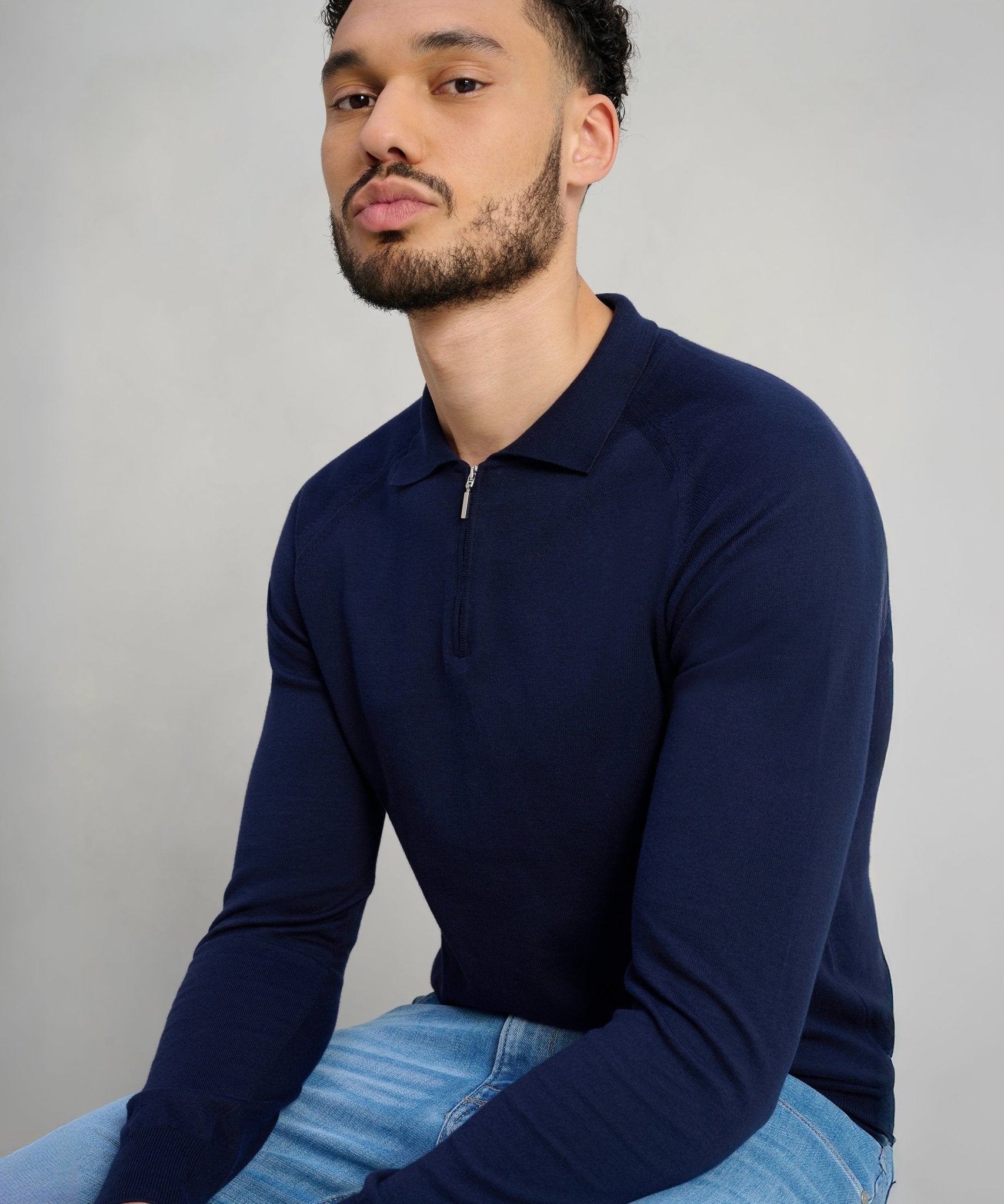 SOCI3TY Long sleeve raglan zip polo katoen donkerblauw - THE SOCIETY SHOP