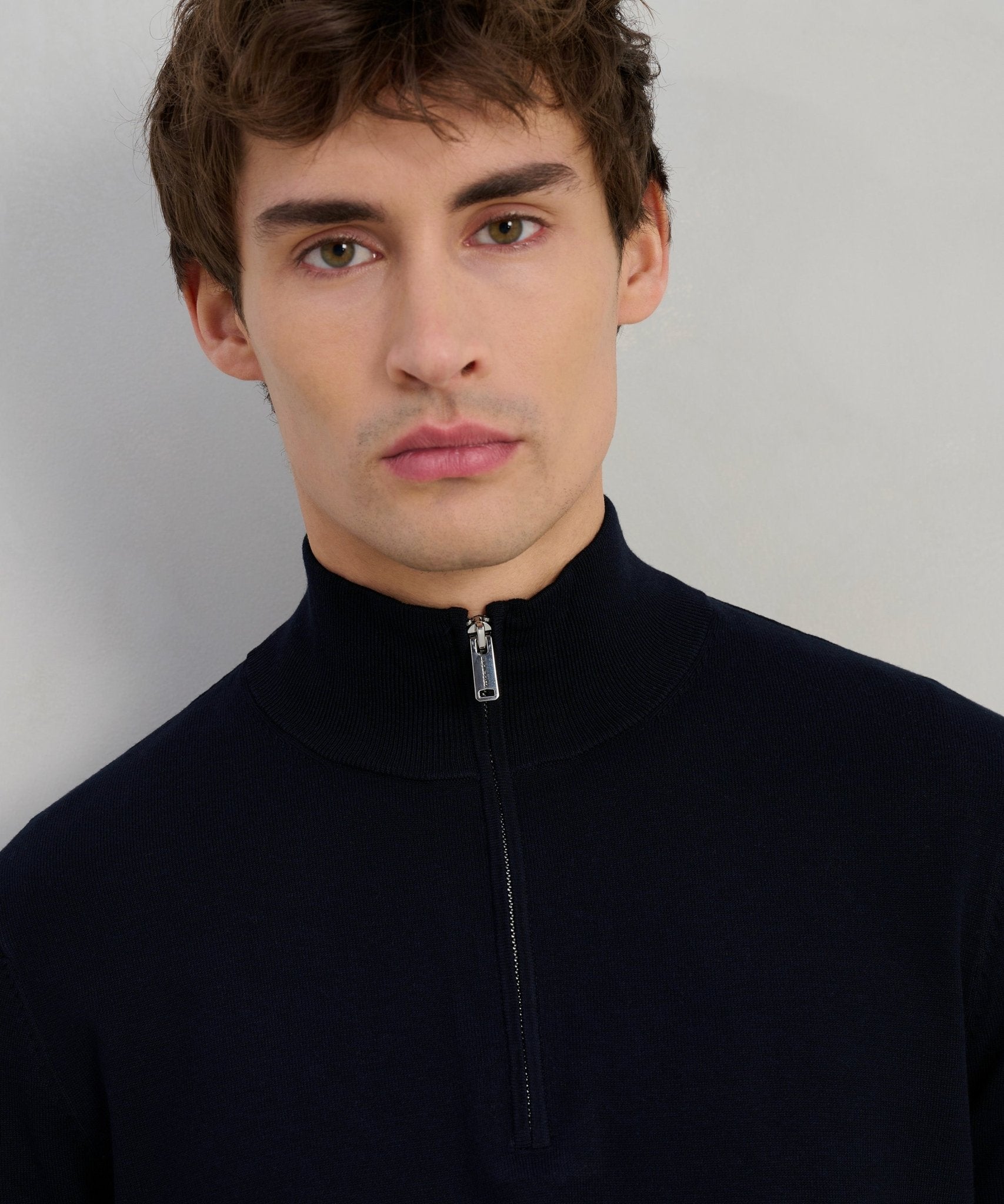 Profuomo Luxury basic half - zip trui Tencel/katoen/zijde donkerblauw - The Society Shop