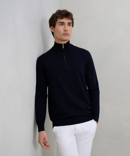 Profuomo Luxury basic half - zip trui Tencel/katoen/zijde donkerblauw - The Society Shop