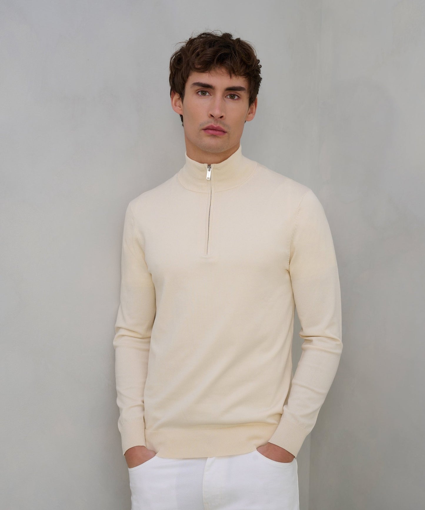 Profuomo Luxury basic half - zip trui Tencel/katoen/zijde off - white - The Society Shop