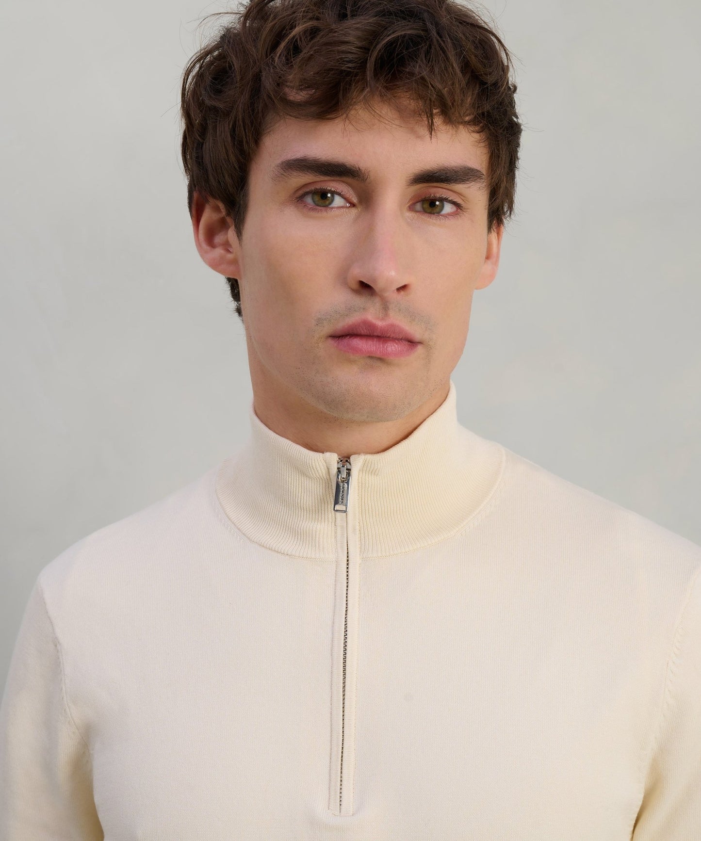 Profuomo Luxury basic half - zip trui Tencel/katoen/zijde off - white - The Society Shop