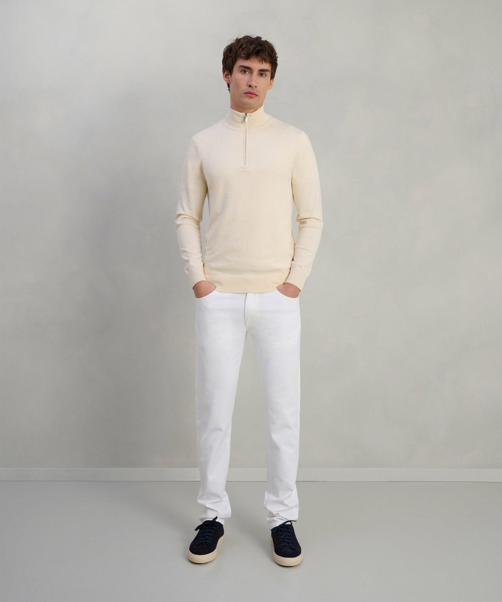 Profuomo Luxury basic half - zip trui Tencel/katoen/zijde off - white - The Society Shop