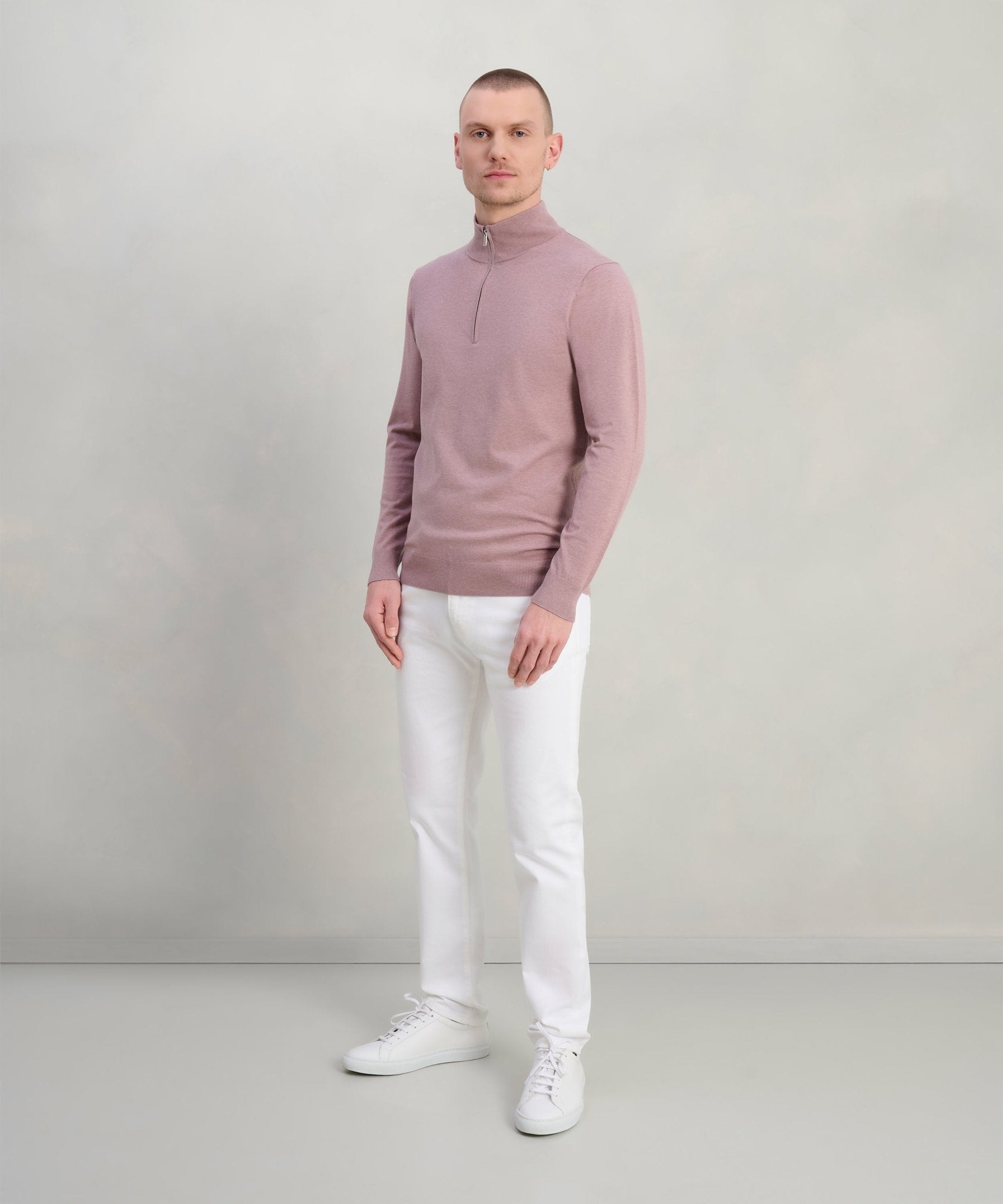 Profuomo Luxury basic half - zip trui Tencel/katoen/zijde roze - The Society Shop