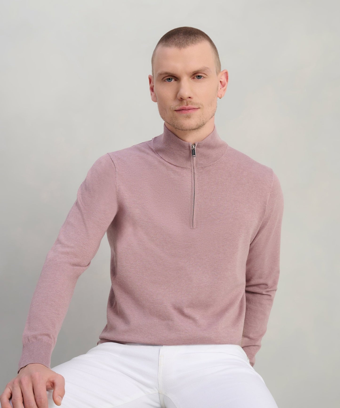 Profuomo Luxury basic half - zip trui Tencel/katoen/zijde roze - The Society Shop