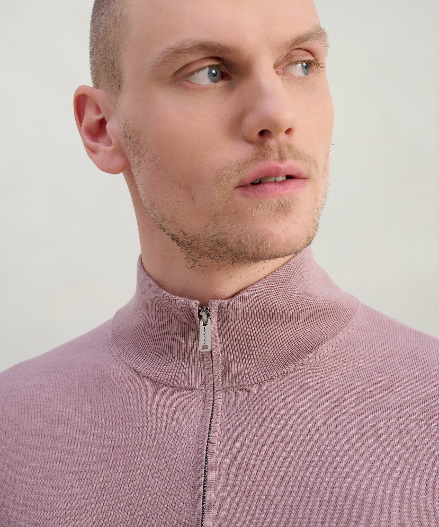 Profuomo Luxury basic half - zip trui Tencel/katoen/zijde roze - The Society Shop