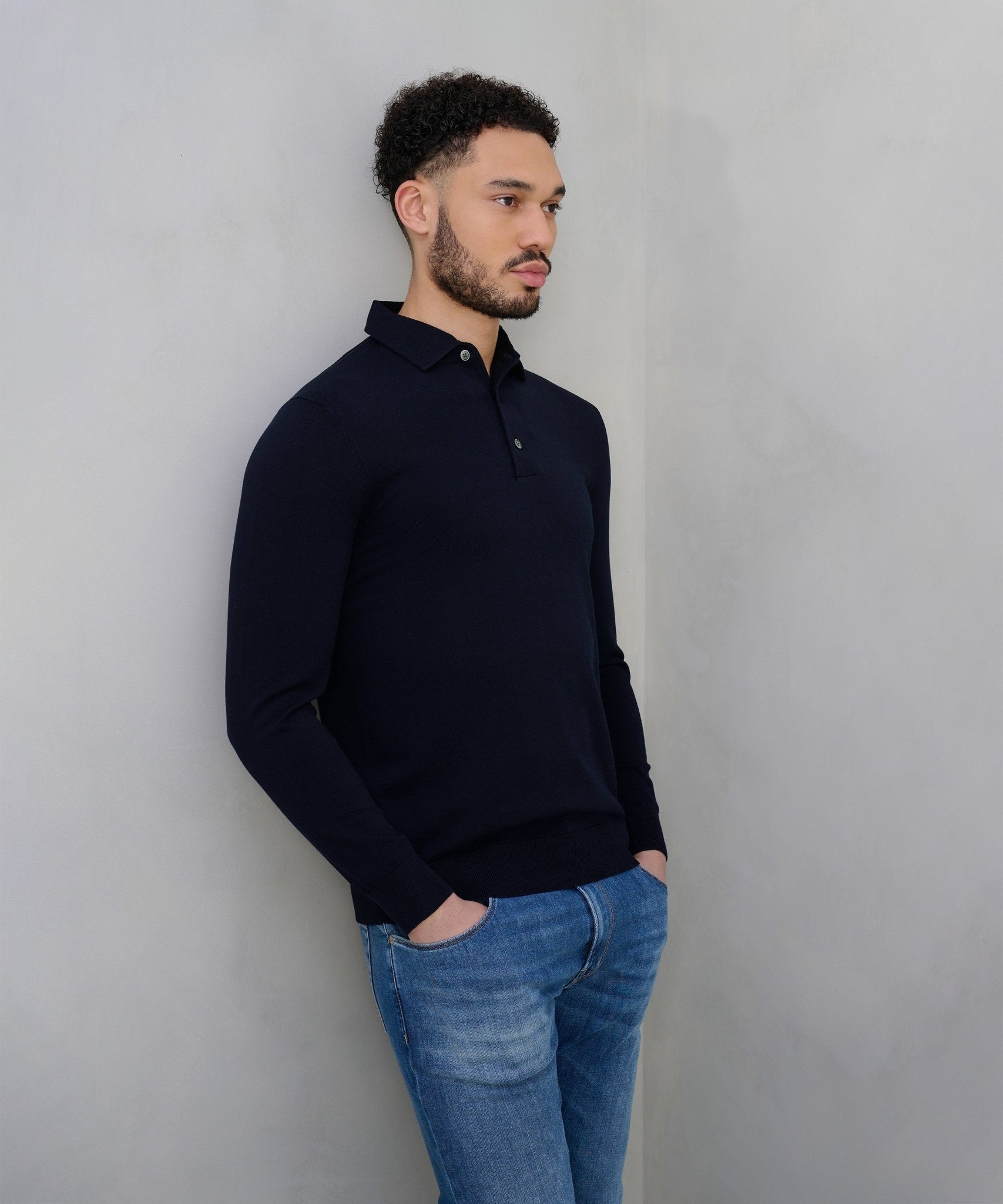 Profuomo Luxury basic long sleeve one piece polo Tencel/katoen/zijde donkerblauw - The Society Shop