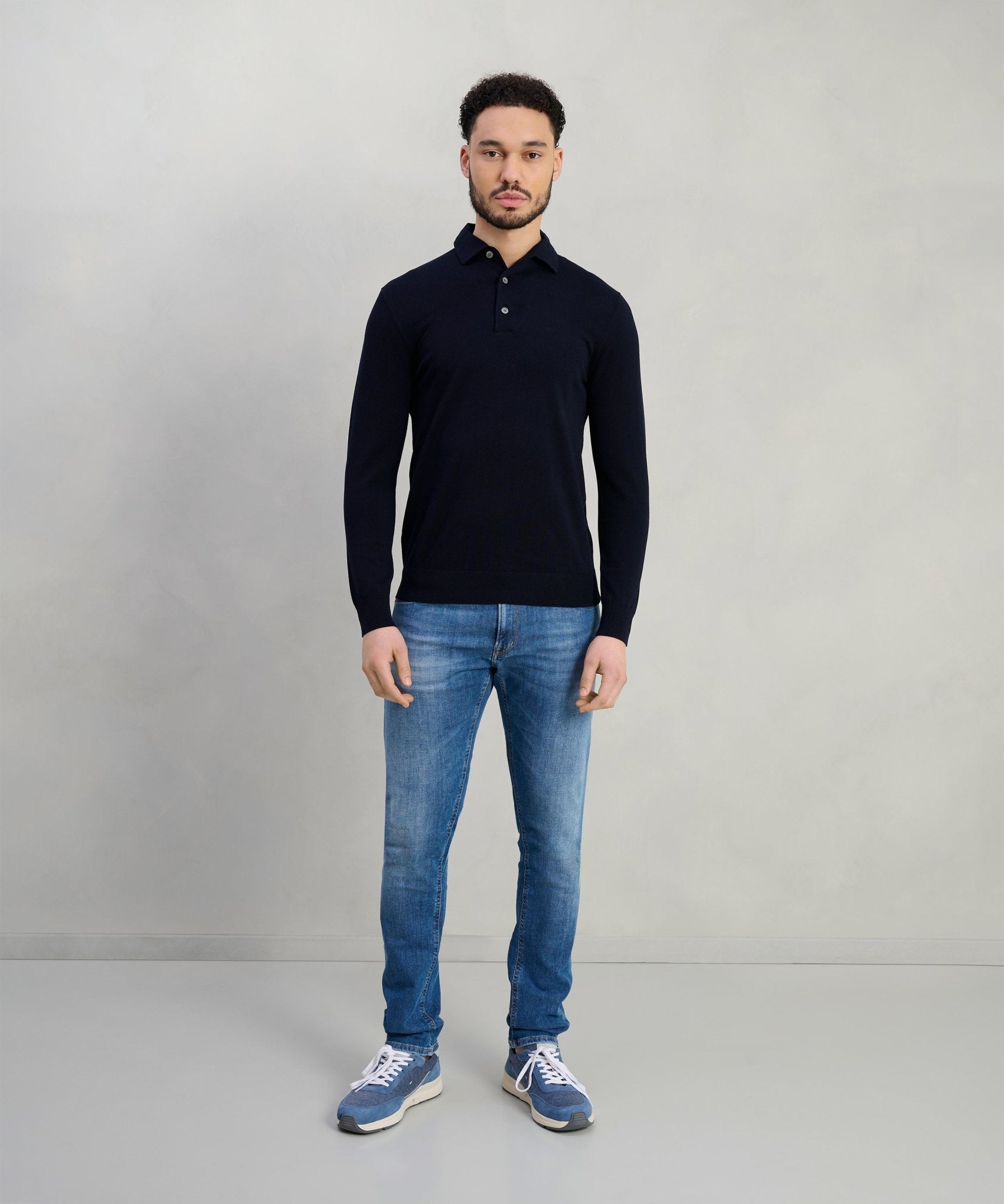 Profuomo Luxury basic long sleeve one piece polo Tencel/katoen/zijde donkerblauw - The Society Shop