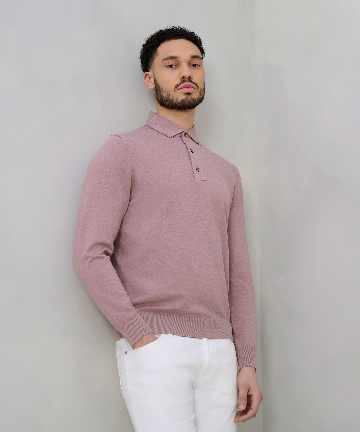 Profuomo Luxury basic long sleeve one piece polo Tencel/katoen/zijde roze - The Society Shop