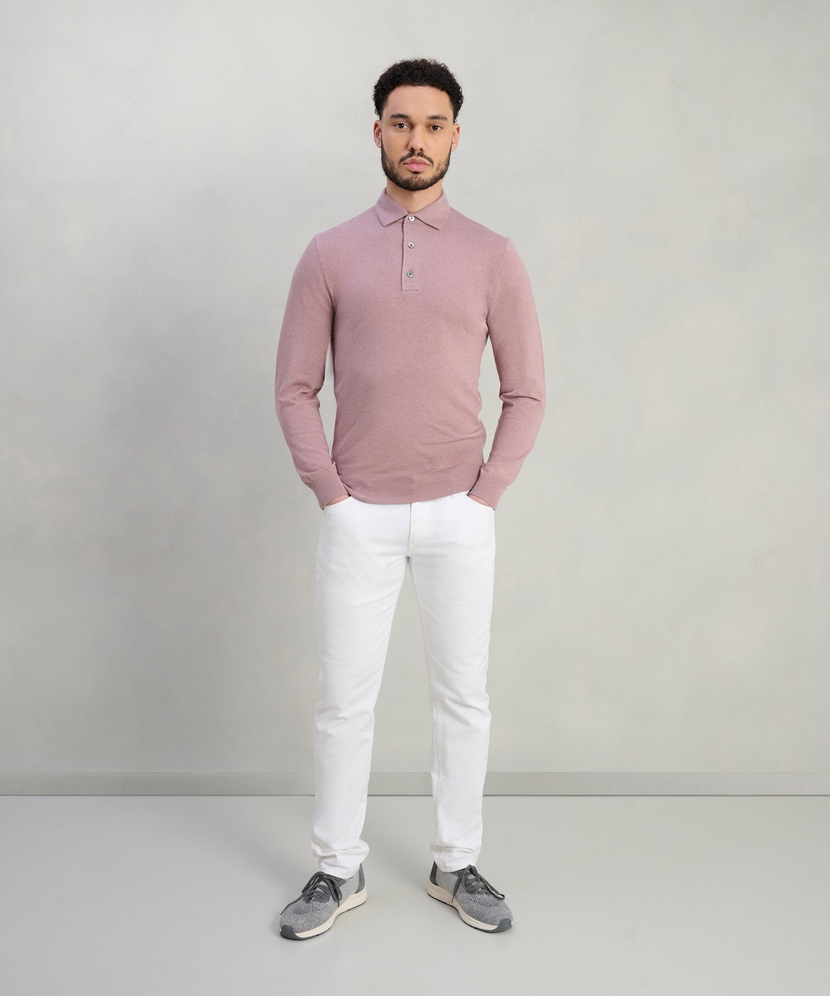 Profuomo Luxury basic long sleeve one piece polo Tencel/katoen/zijde roze - The Society Shop