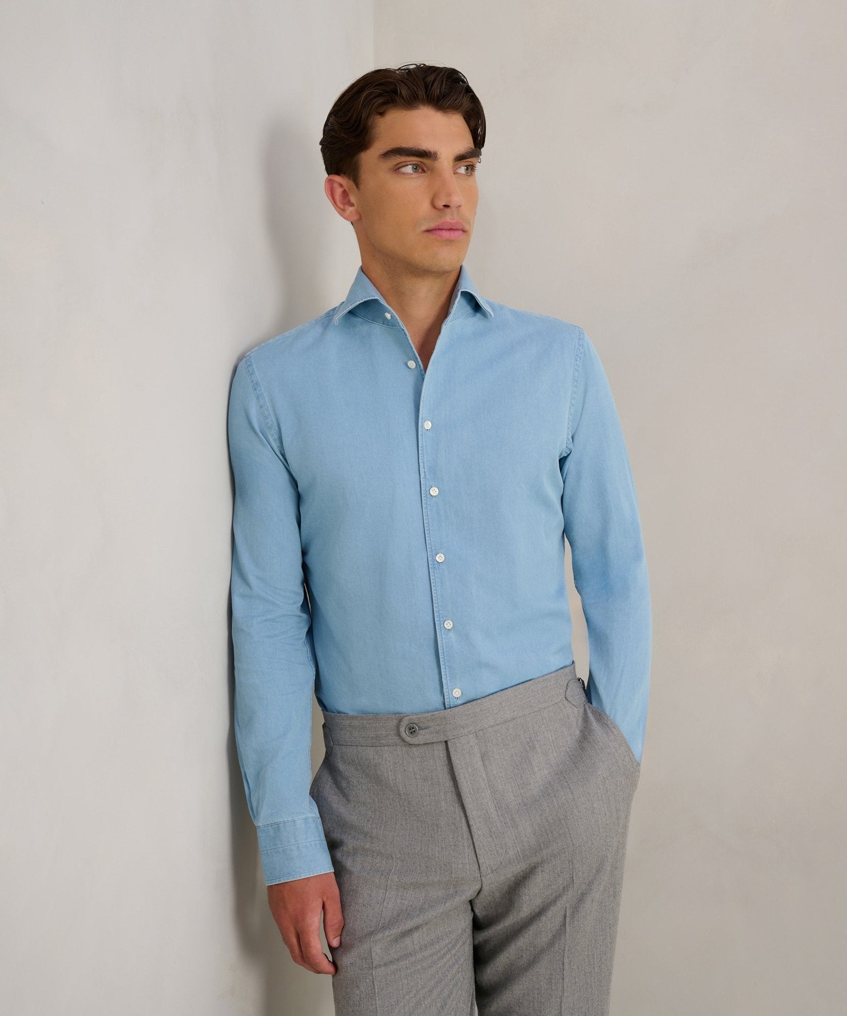 Profuomo One - piece overhemd katoen denim lichtblauw - THE SOCIETY SHOP