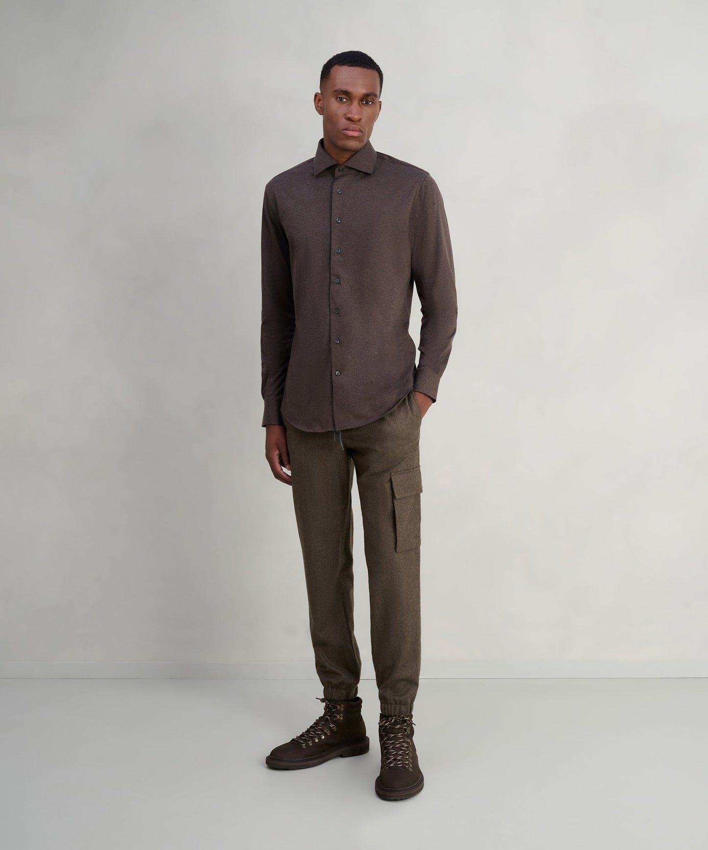 Profuomo Overhemd brushed katoen jersey bruin - The Society Shop