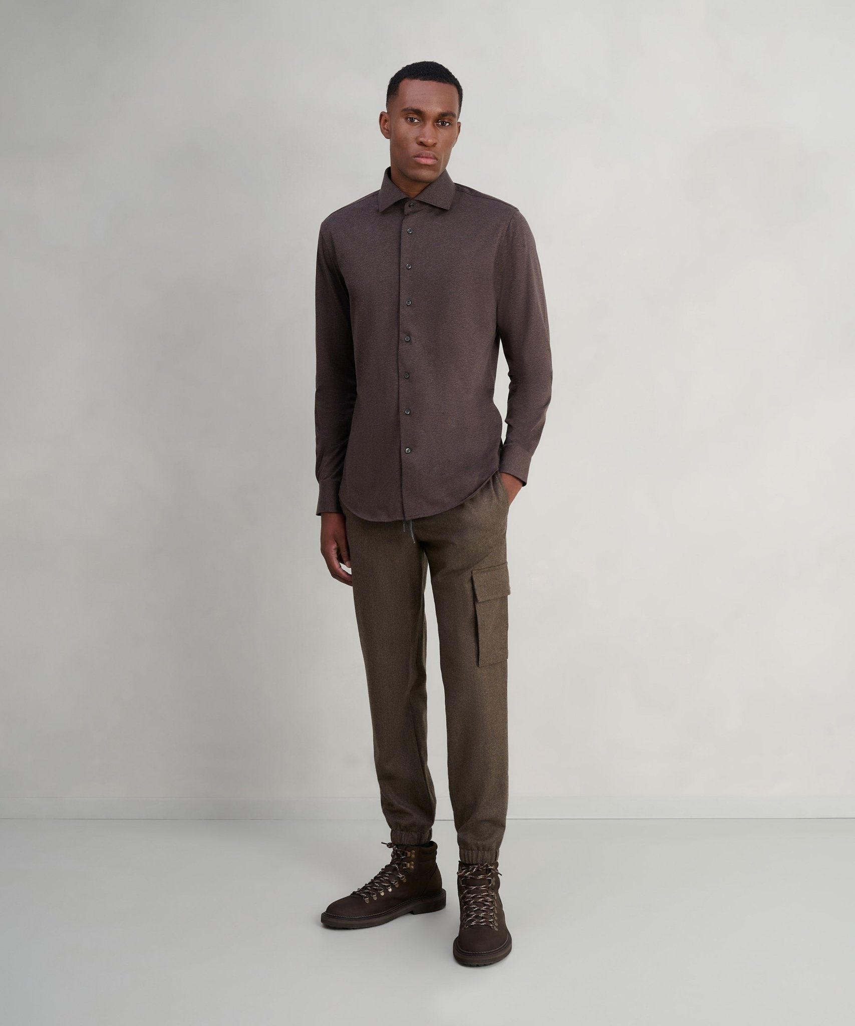 Profuomo Overhemd brushed katoen jersey bruin - The Society Shop