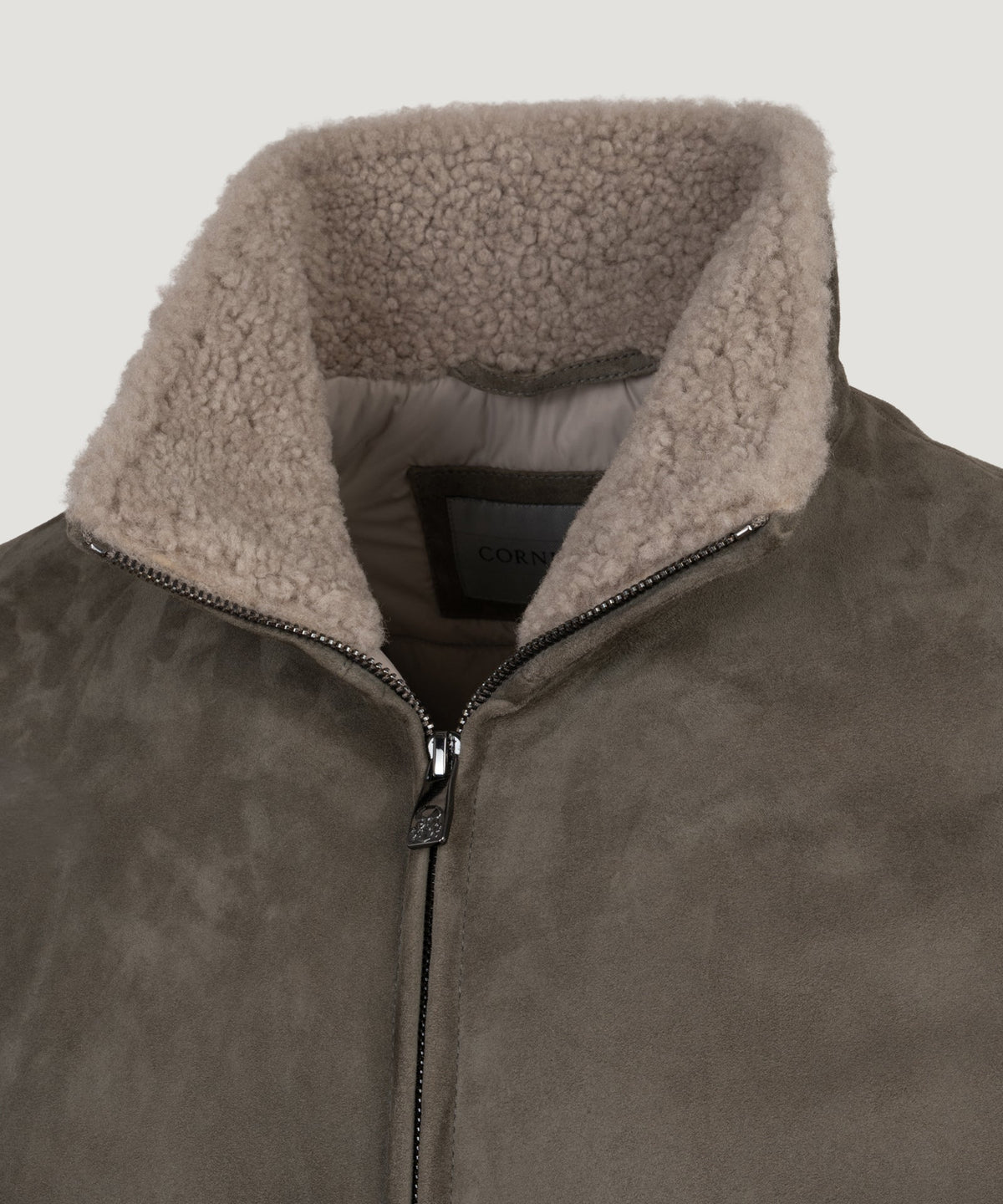 Corneliani Suède jacket met shearling kraag taupe - THE SOCIETY SHOP