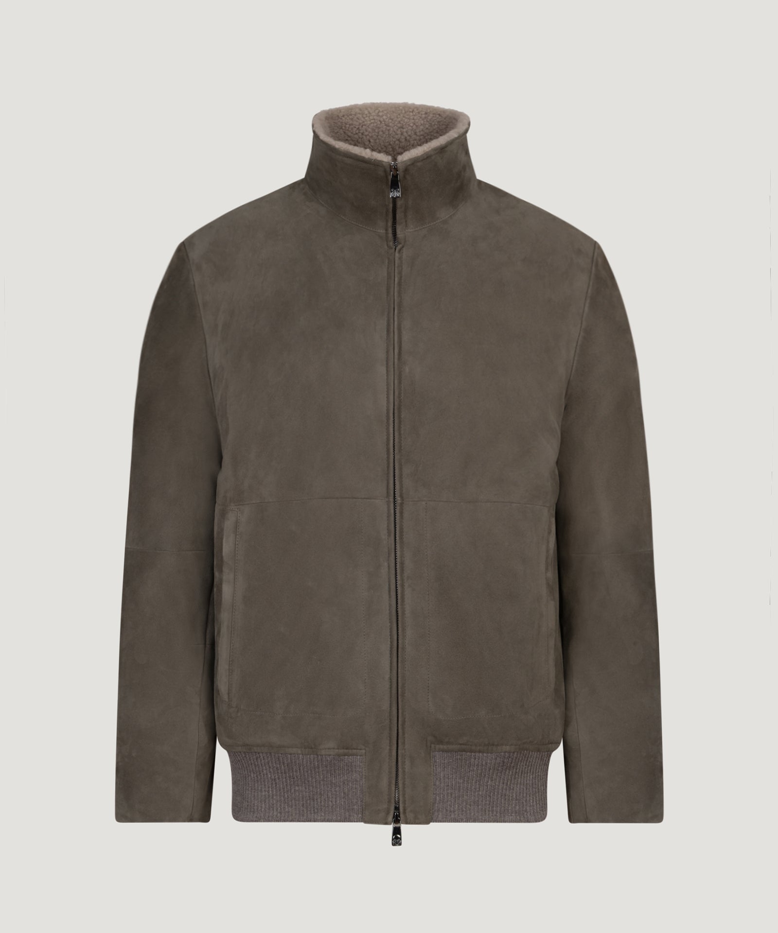 Corneliani Suède jacket met shearling kraag taupe - THE SOCIETY SHOP