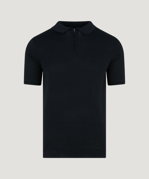 Tech knit polo met rits viscose/nylon zwart