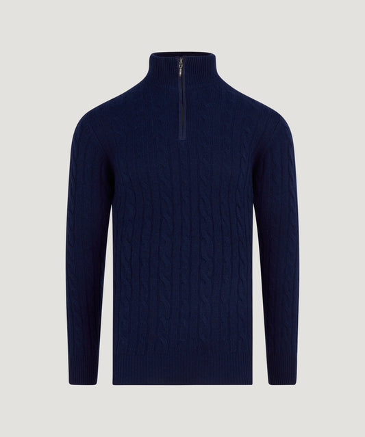 SOCI3TY Trui half - zip cable knit wol/kasjmier donkerblauw - The Society Shop