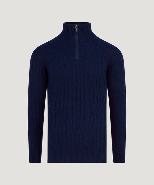 Trui half-zip cable knit wol/kasjmier donkerblauw