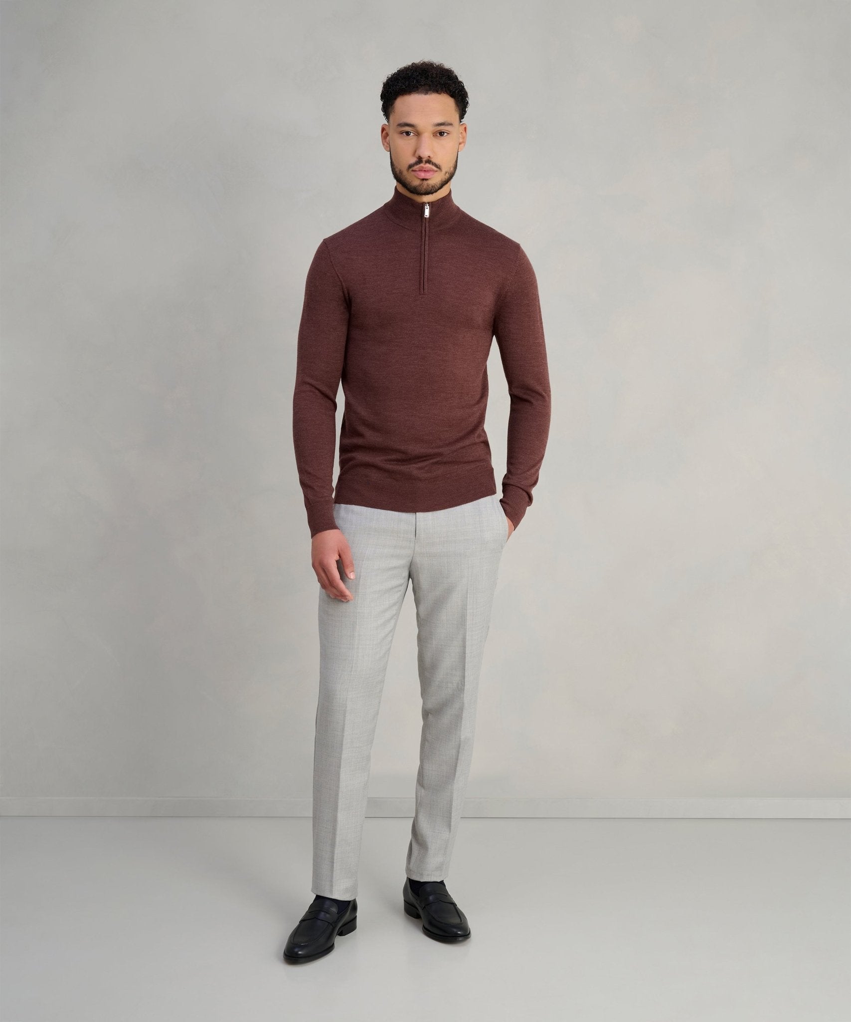 Profuomo Trui half - zip merinowol bordeauxrood - The Society Shop