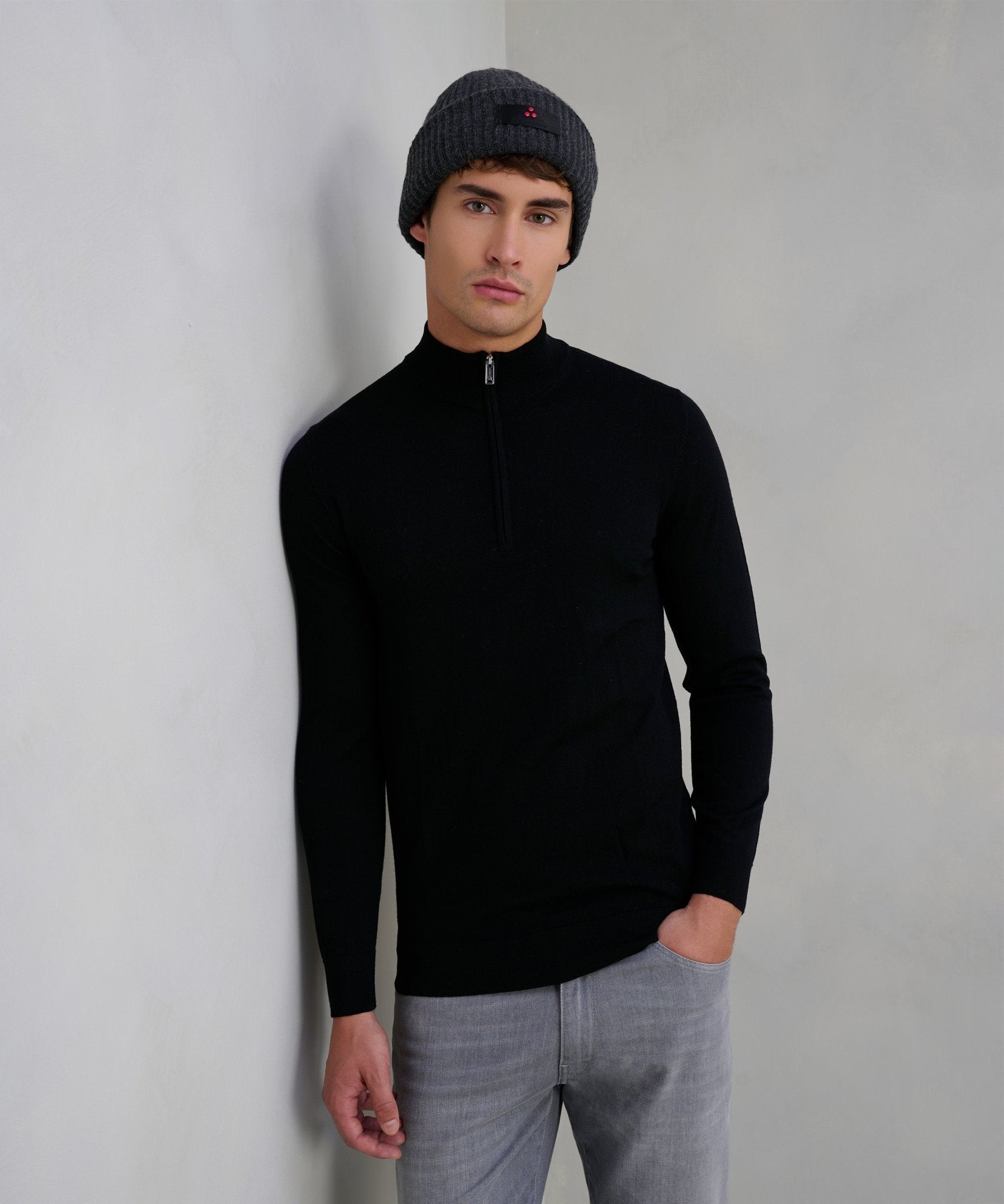 Profuomo Trui half - zip merinowol zwart - The Society Shop