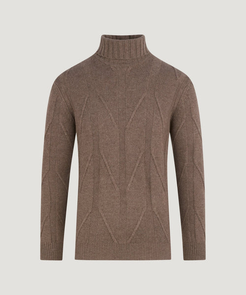 Trui turtleneck heavy cable knit wol/kasjmier bruin