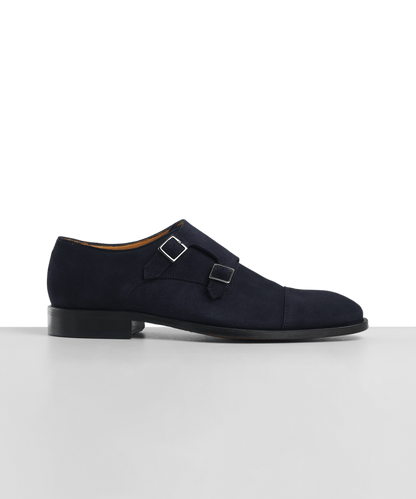 Schoenen met dubbele gesp navy kalfssuède