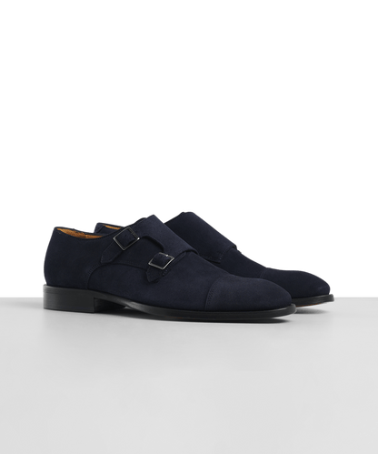 Schoenen met dubbele gesp navy kalfssuède